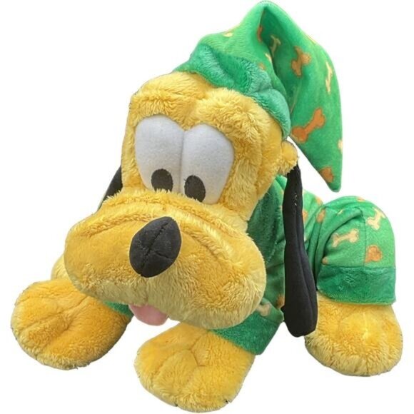 Disney Store Pluto Plush Dog In Green Pajamas With Bone Print 9" Stuffed Animal - Picture 1 of 6